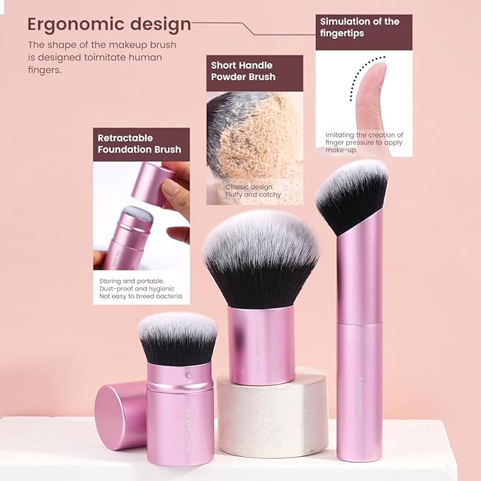 MAANGE 20 PCS Foundation Makeup Brush Set Double-ended Kabuki Contour Brush for Liquid Powder Concealer Blending Blush Buffing Makeup Tools (Pink)