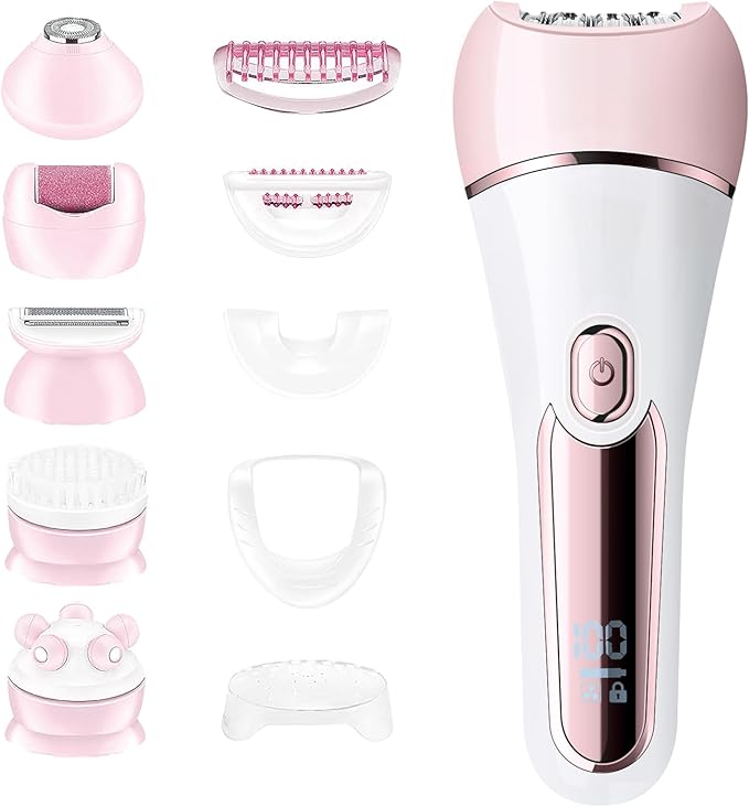 Epilator for Women 6 in 1 Hair Removal Epilator Shaver Face Razor Facial Brush Face Massage and Body ExfoliatorIPX7 Waterproof Rechargeable Hair Removal for Women (Pink)
