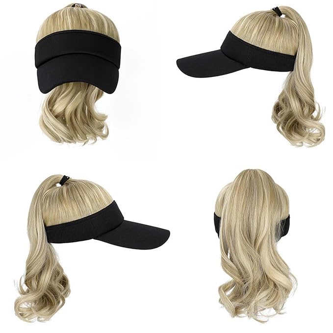 Visor Hat Wig for Women Baseball Cap Wig with Curly Synthetic Hair Extensions Ponytail Cap Wig Sun Hat with Hair Wig