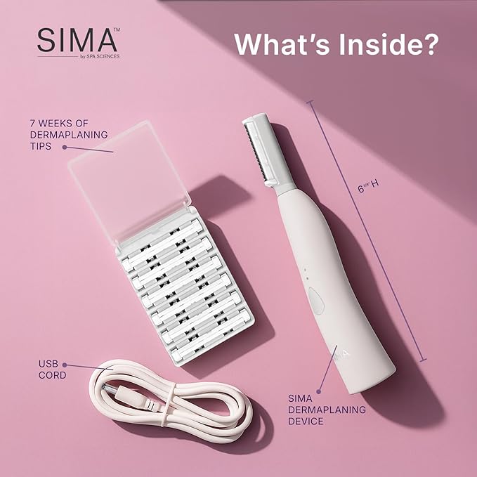 SPA SCIENCES - SIMA Patented Dermaplane Razor for Women Face ? Painless 2-in-1 Facial Exfoliation &amp Peach Fuzz Hair Removal ? Anti-Aging ? 3 Speeds ? Rechargeable ? 7 Weeks Treatment