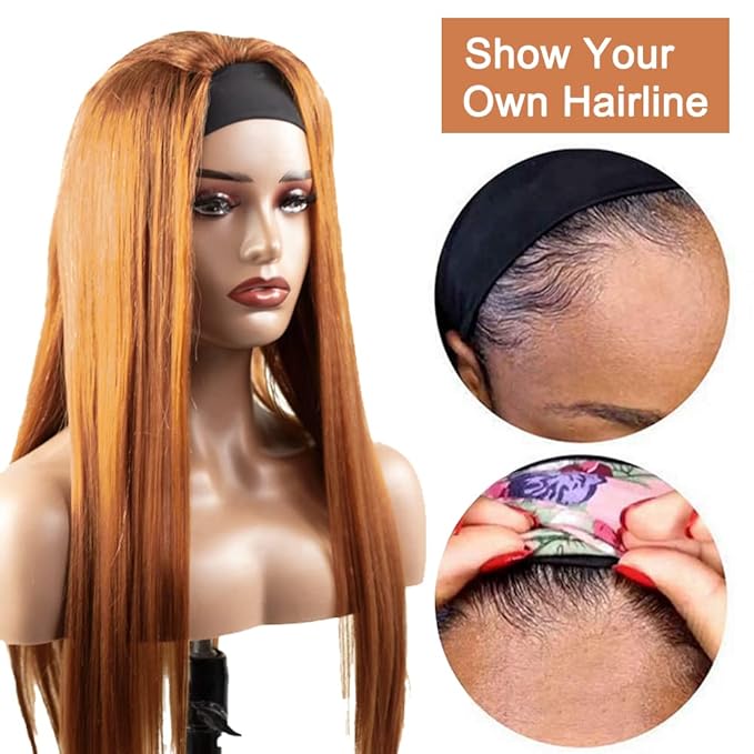 34 Inch #30 Brown Headband Wig Human Hair Straight Light Brown None Lace Front Wig 150% Density Grade 8A Unprocessed Brazilian Virgin Hair Machine Made Wig