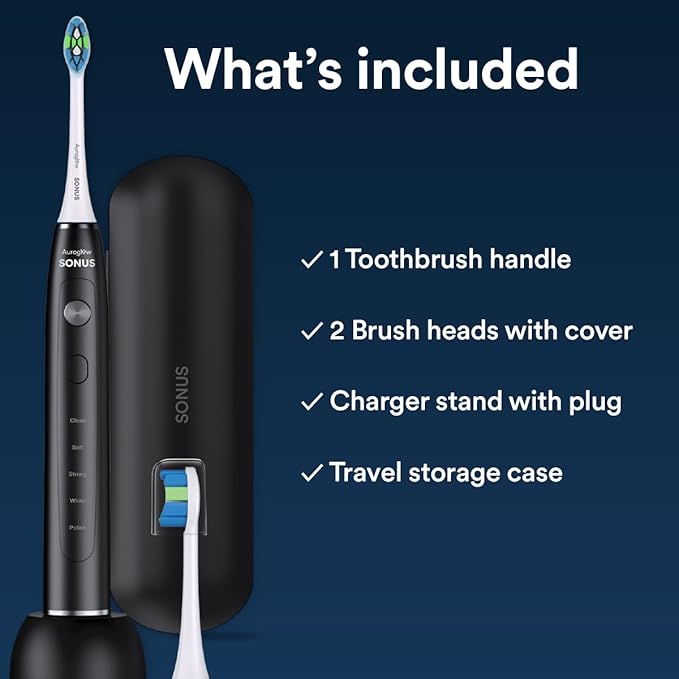 AURAGLOW Sonus Electric Toothbrush 5 Cleaning Modes 2 Brush Heads &amp Travel Case 40000 VPM Sonic Toothbrush &amp Wireless Charging 30-Day Battery Life with Smart Timer Black