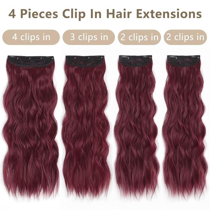 ALXNAN Clip in Long Wavy Synthetic Hair Extension 20 Inch Burgundy 4PCS Thick Hairpieces Fiber Double Weft Hair for Women