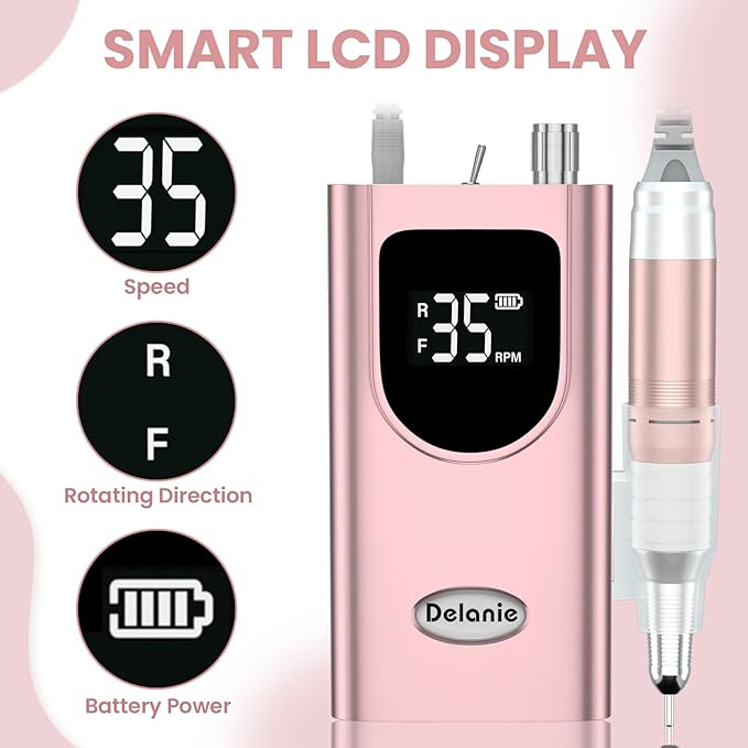 Delanie Professional Portable Electric Nail Drill Machine 35000 RPM Rechargeable Cordless Nail Filer Electric Nail File Efle for Dip Powder Acrylic Gel Nail Salon Nail Tool Rose Gold