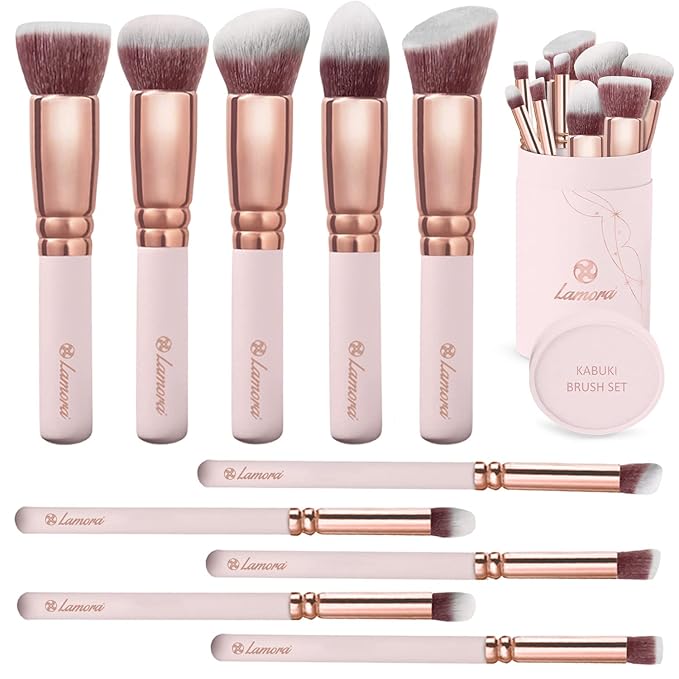 Kabuki Makeup Brush Set - Foundation Powder Blush Concealer Contour Brushes - Perfect for Liquid Cream or Mineral Products - 10 Pc Collection with Premium Synthetic Bristles for Eye and Face Cosmetic