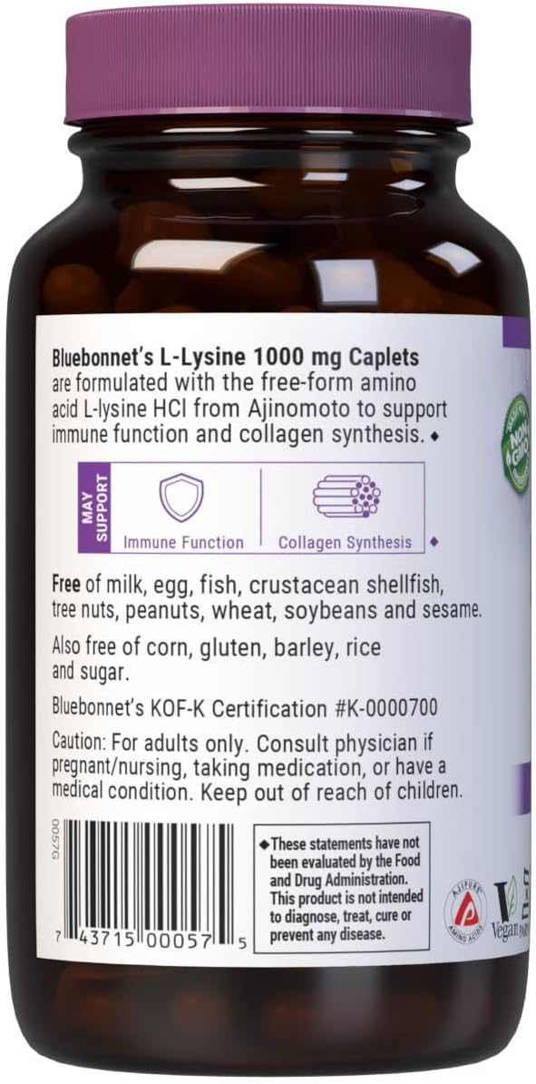 BlueBonnet L-Lysine 1000mg Essential Amino Acids Supplement - Immune &amp Collagen Support Supplements for Women &amp Men - Non-GMO Vegan &amp Gluten-Free - 1000 mg L Lysine Per Serving - 100 Capl