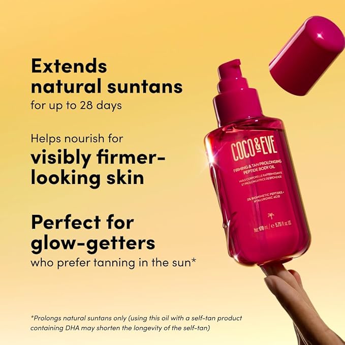 Coco &amp Eve Firming &amp Tan Prolonging Peptide Body Oil. Up to 28 Days Natural Tan Extender. After Sun Care with Tropical Oils Vitamins C &amp E for Nourished Glowy &amp Visibly Firmer Skin.