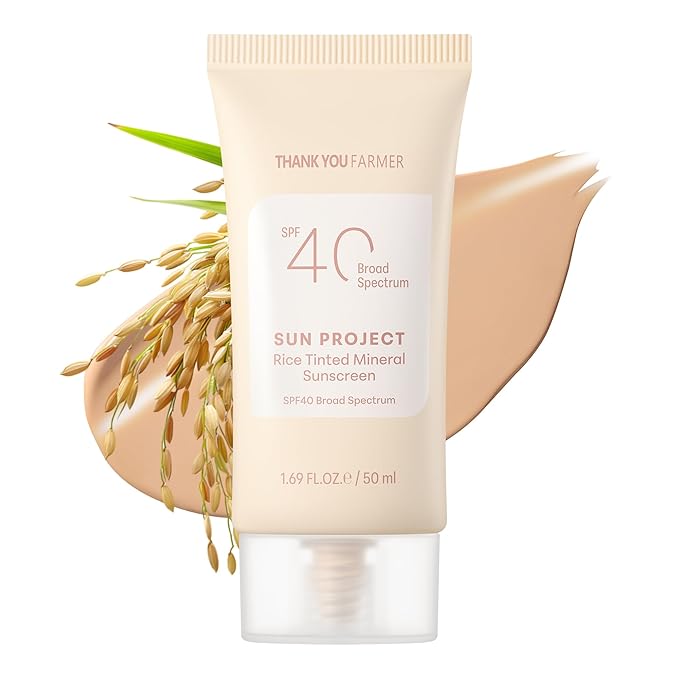 THANKYOU FARMER Sun Project Rice Tinted Mineral Sunscreen SPF40 Broad Spectrum - Korean Face Sunscreen with Zinc Oxide - Tinted SPF with No White Cast Dermatologist-Tested - 1.69 fl oz
