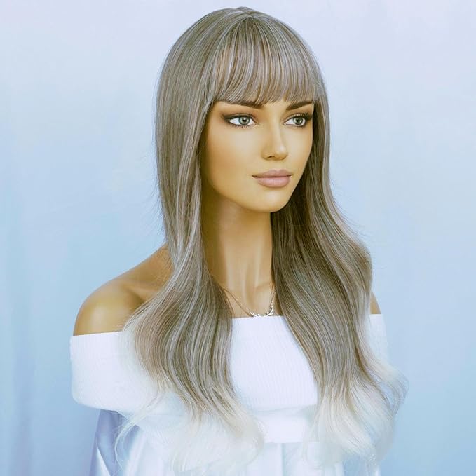 BERON Blonde Brown Long Wigs Women Wavy Wig with Bangs 26 Inches Curly Synthetic Wigs for Cosplay Party Wigs Wig Cap Included