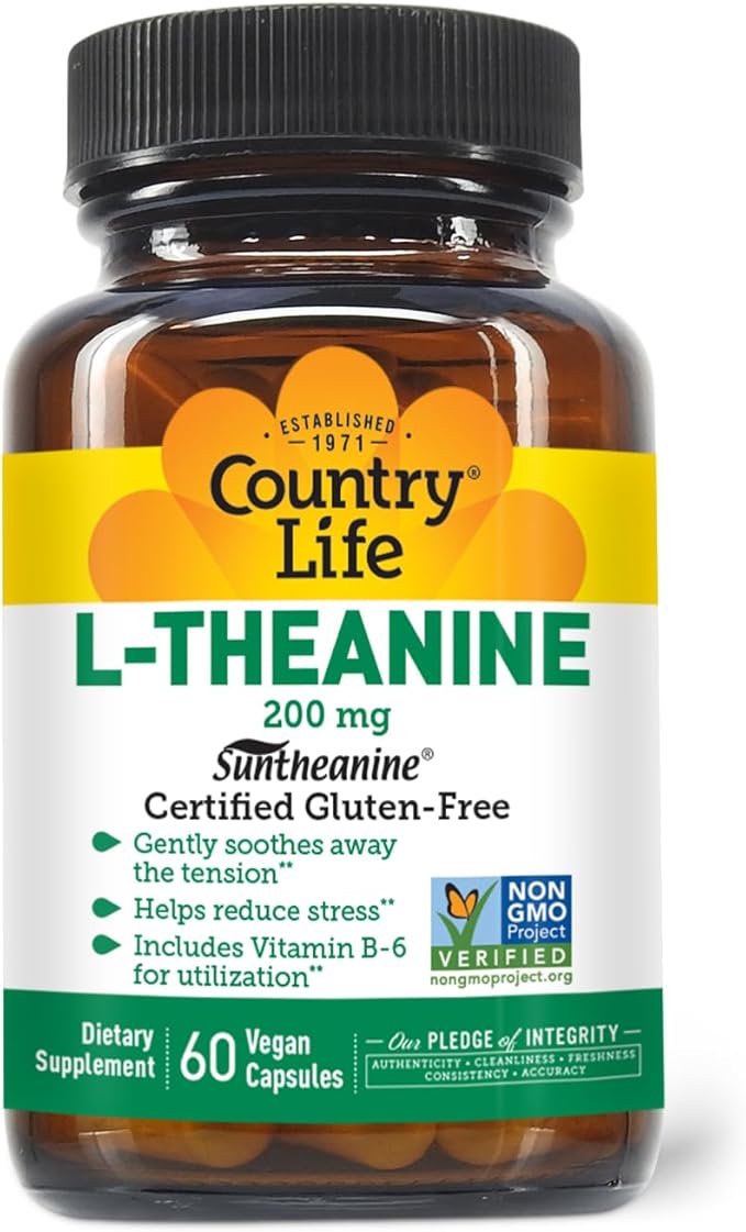 Country Life Suntheanine L-Theanine ? 60 Vegan Capsules | Natural Stress Relief Supplement with Inositol | Promotes Relaxation Focus &amp Better Sleep | Certified Gluten-Free Non-Drowsy Formula