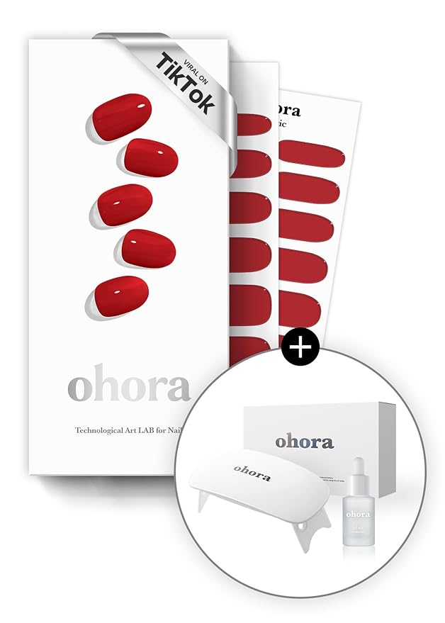 ohora Bundle Set (N Addict Starter Kit) - Red Solid Gel Nail Strips with UV/LED Lamp and Mini Remover Salon-Quality Long Lasting Easy to Apply &amp Remove - Includes Prep Pads Nail File Wooden S