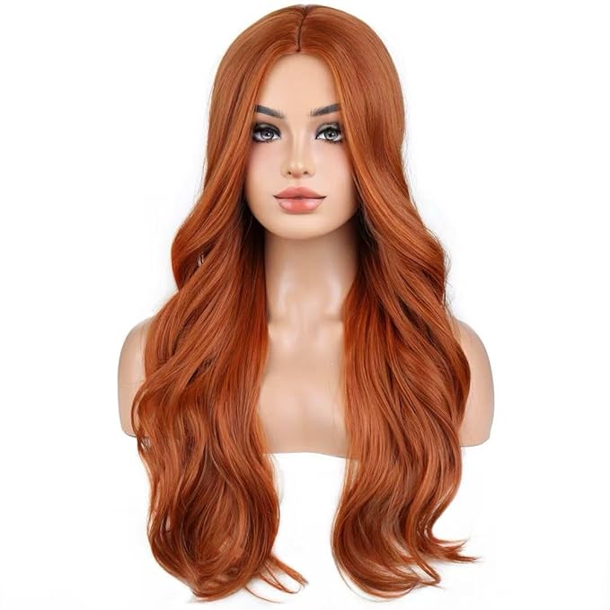 MAGQOO Ginger Wig for Women Long Curly Wavy Red Copper Auburn Wig Middle Part Synthetic Heat Resistant Fiber Halloween Cosplay Costume Daily Party Use