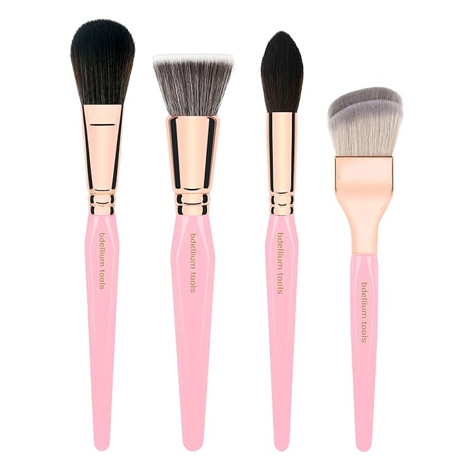 Bdellium Tools Pink Golden Triangle Face Makeup Brush Set - with Soft Synthetic Bristles and Rose Gold Brass Ferrule for a Flawless Appearance (Pink 4 pcs)