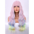 BERON Rainbow Long Wigs Curly Wavy Women Pastel Wigs with Bangs Colorful Heat Resistant Synthetic for Cosplay or Daily Wigs Wig Cap Included