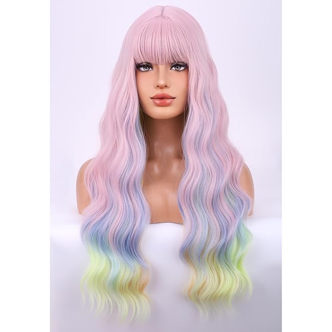 BERON Rainbow Long Wigs Curly Wavy Women Pastel Wigs with Bangs Colorful Heat Resistant Synthetic for Cosplay or Daily Wigs Wig Cap Included