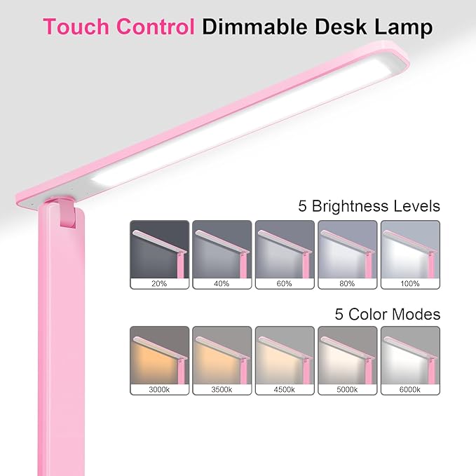 White crown LED Desk Lamp Dimmable Table Lamp Reading Lamp with USB Charging Port 5 Lighting Modes Sensitive Control 30/60 Minutes Timer (Pink First-Generation)