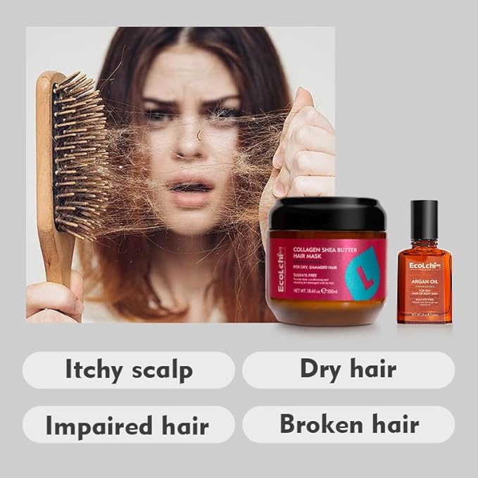 Ecolchi Collagen Hair Mask Deep Repair Conditioning Hair Treatment Argan Oil Keratin Hair Essence Mask for Dry Damaged &amp Frizzy Hair 500ml 16.9 fl oz