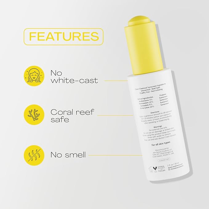 JESS BEAUTY | Face Sunscreen Sun Drops SPF 50 Skin Care Oil with Camellia Sinensis &amp Squalane | Skincare Fast Drying 1 fl. oz
