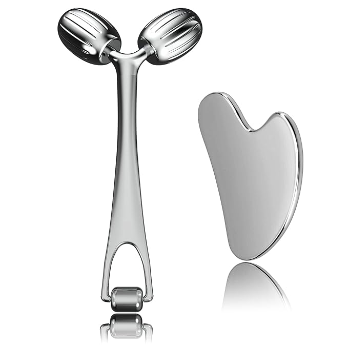 Yeamon Gua Sha Facial Tools and Face Roller Set Facial Massage Tool for Women?™s Skincare RoutineCooling Stainless Steel Face Sculpting Eyes Roller Guasha for Daily Use or Self-Care Gift for Women