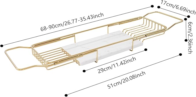 Stainless Steel Bathtub Tray Expandable Marble Bath Tray for Tub 44.09 lbs Capacity Bath Caddy for Bathtub Bathroom Accessories for Home Spa (Gold + White)