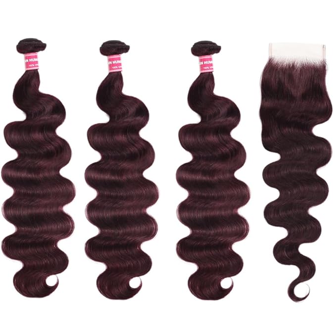 UNICE 12A Body Wave Human Hair Bundles with 4x4 Lace Closure 22 24 26+20 inch 100% Brazilian Virgin Hair Weave Extensions Tangling-Free Shedding-Free Ombre Black Cherry Color