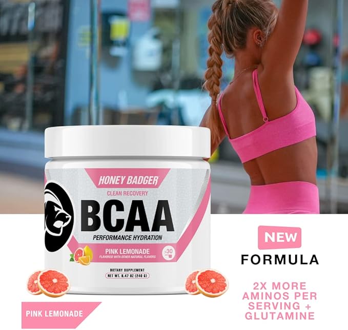 Honey Badger BCAA + EAA Amino Acids Powder BCAAs + L-Glutamine Keto Vegan Sugar Free for Men &amp Women Hydration &amp Post Workout Muscle Recovery Drink Mix Pink Lemonade 30 Servings