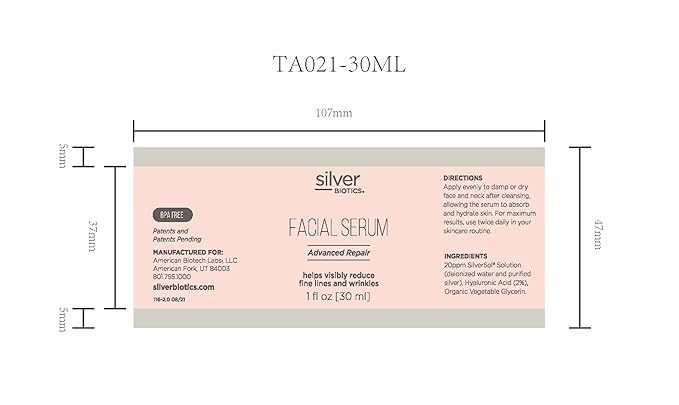 Silver Biotics Anti-aging Colloidal Nano-Silver Facial Serum Gel | Great For Blemishes Scars &amp More All Natural Face Care | 20 PPM Silversol + 2% Hyaluronic Acid | 1 fl oz