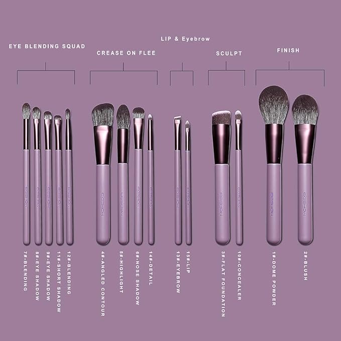 Makeup Brush Set EIGSHOW Professional Makeup Brushes Kit Foundation Powder Concealers Eye Shadows Makeup 15 Piece for Eye Face Liquid Cream Cosmetics Brushes Kit Gift for Women Travel Set(Purple)