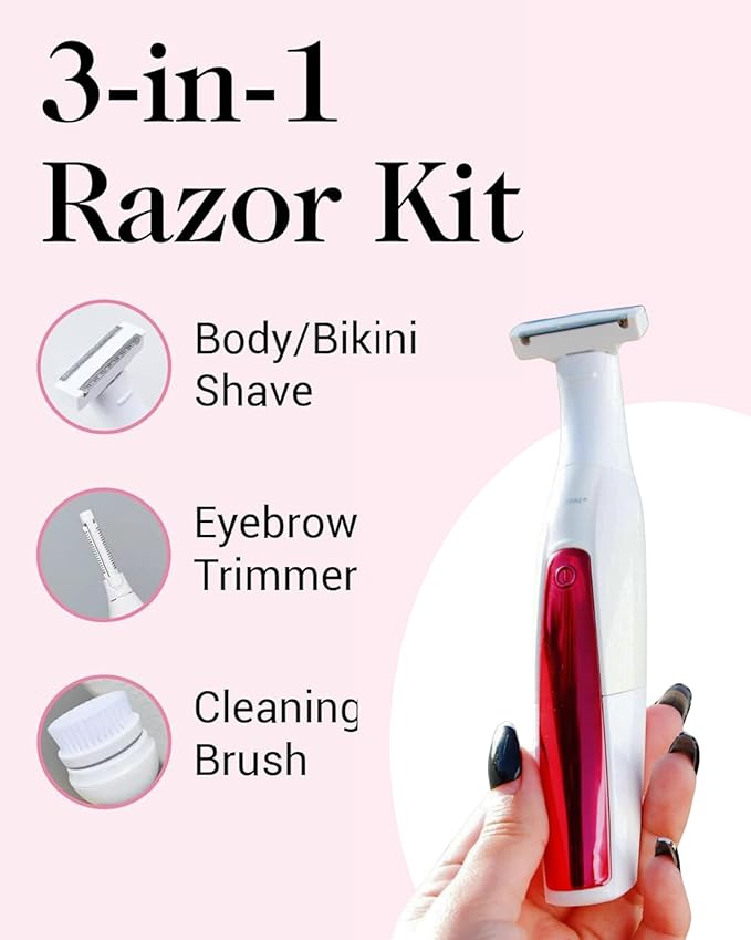 Kushae 3-in-1 Razor Kit for Women - Female Shaving Razor - Eyebrow Trimming Tool - Waterproof Cleansing Device - Rechargeable Hair Removal Trimmer for Legs Bikini Underarms Face &amp Hands