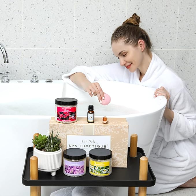 spa luxetique Bath Salts 8pcs Bath Salts Gift Set with Argan Oil Bath Bombs Wooden Scoop Epsom Salt for Soaking in Lavender Rose Chamomile Scent Mother's Day Gifts