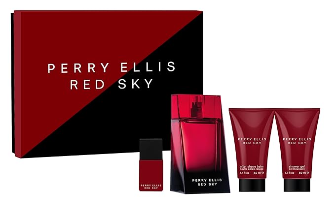 Perry Ellis Red Sky 4-Piece Gift Set - eau de toilette aftershave shower gelEDT travel spray - bergamot cardamom juniper lavender rosemary nutmeg cedarwood tonka bean vetiver