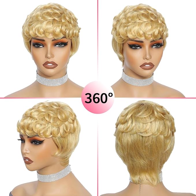 Breathable And Lightweight Wine Red/99J Human Hair Wig Short Curly Pixie Short Hairstyle With Layered Curls And Glue-Free Design For A Natural Look (4 InchBlonde)