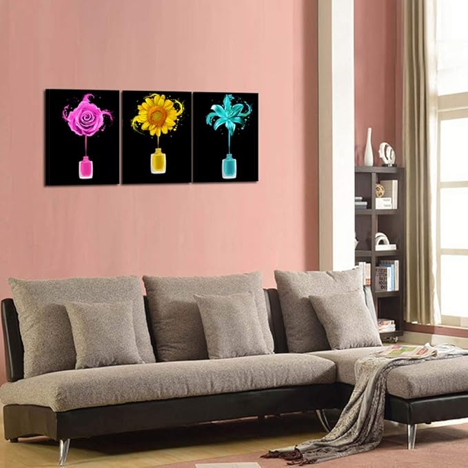 KREATIVE ARTS Manicure and Nail Art Wall Decor for Salon Room Canvas Prints Frame Art Nail Polish Brushes Posters Roses Sunflowers and Lily Pictures Flowers Painting Walls Decoration Ready to Hang