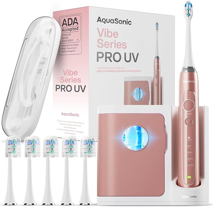 Aquasonic Vibe Series PRO ? Ultra-Whitening Electric Toothbrush ? 5 Modes &amp Smart Timers ? UV Sanitizing Base ? ADA Accepted (Satin Rose Gold)