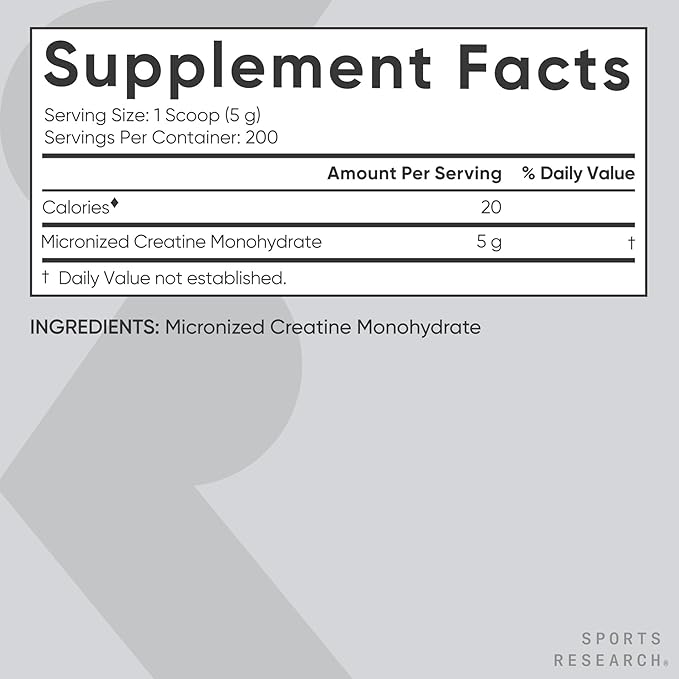 Sports Research Creatine Monohydrate - Gain Lean Muscle Improve Performance and Strength and Support Workout Recovery - 5 g Micronized Creatine - 35.27 oz