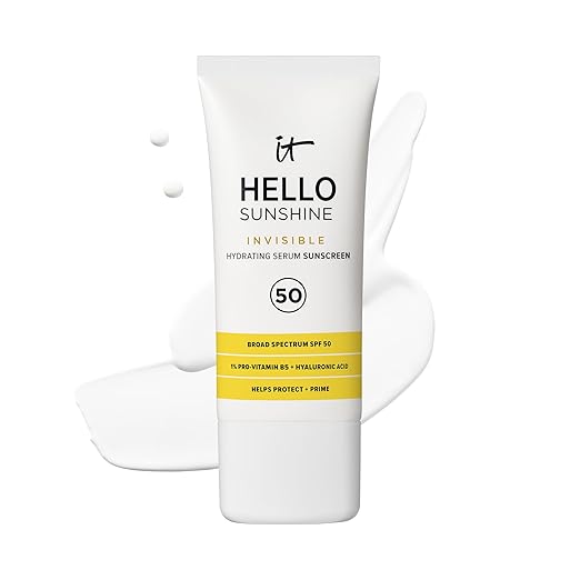 IT Cosmetics Hello Sunshine Invisible Sunscreen for Face SPF 50 - Sunscreen Hydrating Serum &amp Makeup Primer - 1% Pro-Vitamin B5 &amp Hyaluronic Acid - HSA/FSA Eligible - No White Cast
