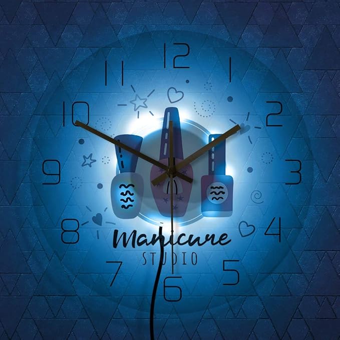 The Geeky Days Manicure Studio Nail Polish Custom Print LED Lighting Silent Wall Clock Personalized Nail Salon Hanging Watch with Color Changing Light Gift for Nail Technician