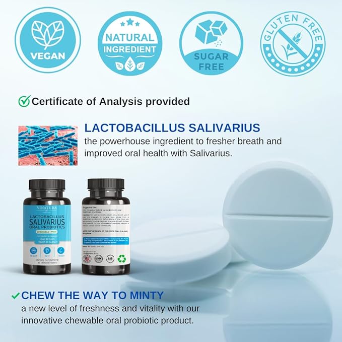 VINATURA Lactobacillus Salivarius Oral Probiotics - Mouth Bad Breath Treatment for Adults Dental probiotics for Teeth and Gums Throat Ear Nose - 45 Chewable Mint Tablets