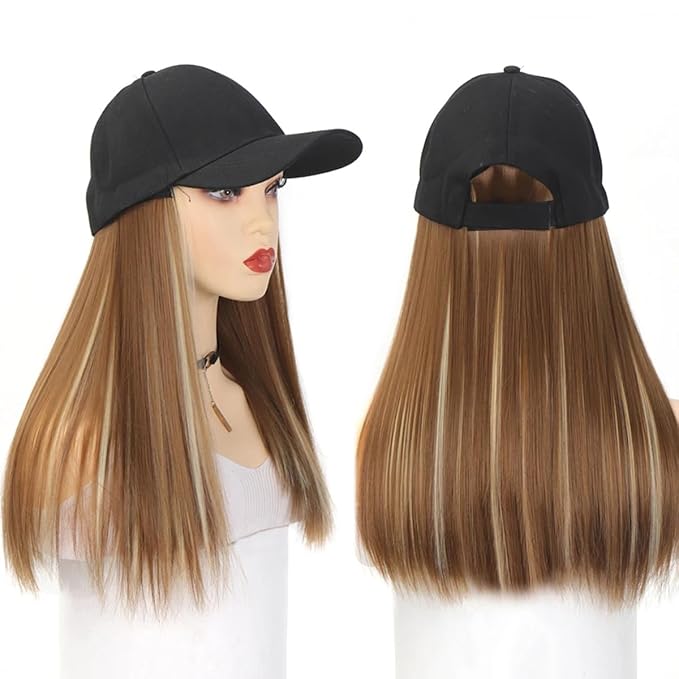 Baseball Cap Wig Long Straight Hair Extensions With Black Hat Heat Resistant Synthetic Fiber Hairpieces Adjustable Wig for Women Girls Mixed Light Brown18 Inch Synthetic Fiber Light Brown Highlights