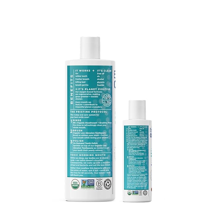 Essential Oxygen BR Certified Organic Brushing Rinse All Natural Mouthwash for Whiter Teeth Fresher Breath and Happier Gums Alcohol-Free Oral Care Cinnamint 2 Piece Set 16 Oz