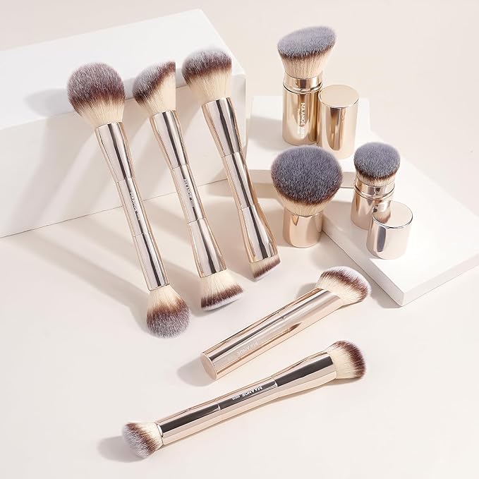 MAANGE 8 Pcs Makeup Brushes with Bag Double-End Multi-functional Makeup Brushes for Blending Liquid Powder Concealer Cream Blush Buffe (Gold)