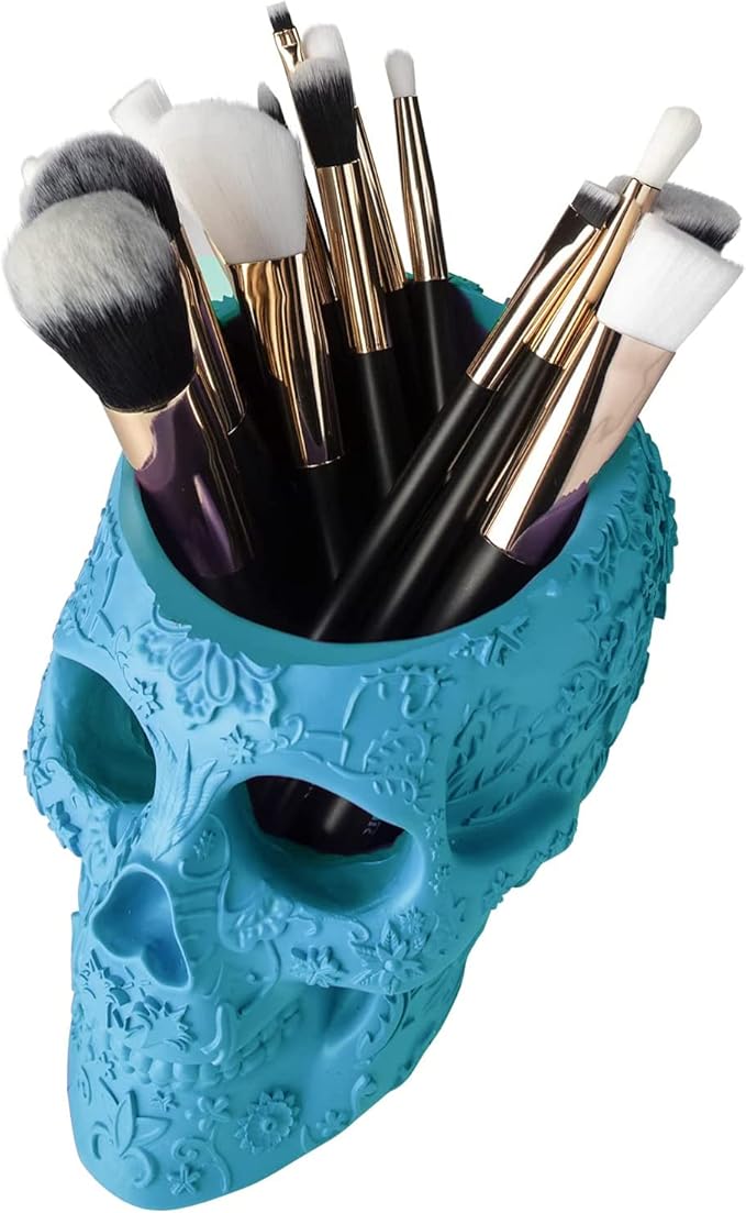 Skull Makeup Brush Holder Pen Holder Vanity Desk Office Organizer Stationary Decor Planter Candy Bowl Goth Decorations Extra Large Skulls Gothic Skull &amp Bones Organizer Bathroom (Blue)