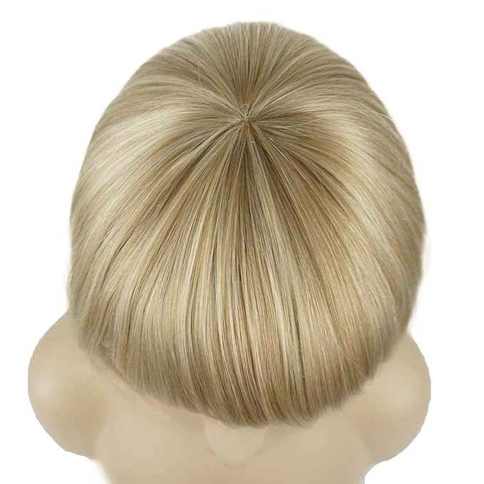 Lydell 8 Straight Short Bob Hair Flat Bangs Cute Central Dot Skin Top Heat Resistant Synthetic Wigs (15BT613 Blonde Mix)