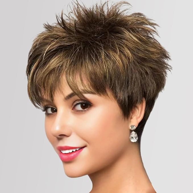 WIGYY Medium Golden Brown Pixie Wig for White Women ? Curly Short Wig with Bangs Glueless Heat-Resistant Synthetic Wig Soft Natural Look for Daily Wear or Older Women