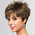 WIGYY Medium Golden Brown Pixie Wig for White Women ? Curly Short Wig with Bangs Glueless Heat-Resistant Synthetic Wig Soft Natural Look for Daily Wear or Older Women