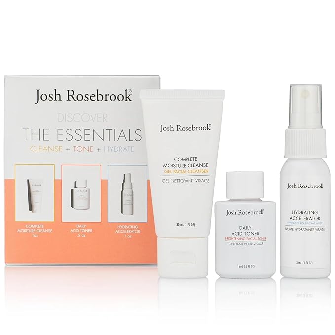 Josh Rosebrook The Essentials Kit - Cleanse Tone &amp Hydrate Skincare Set | Complete Moisture Cleanse 1 oz Daily Acid Toner 0.5 oz Hydrating Accelerator 1 oz | Travel Size Facial Skin Care