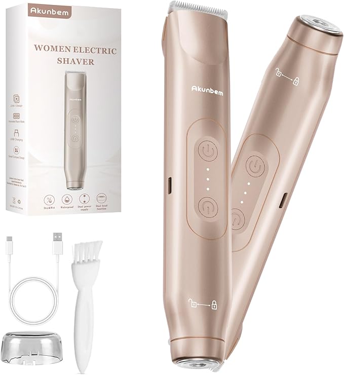 Bikini Trimmer for Women - 2 in 1 Electric Razors for Women - Dual Head Electric Shaver - IPX7 Waterproof Wet &amp Dry Use Body Hair Trimmer and Facial Hair Remover for Bikini Underarm Leg Arm