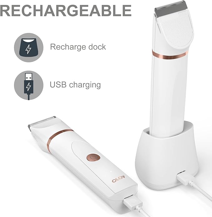 OLOV Electric Body Hair Trimmer - Groin Trimmer for Men - Bikini Trimmer Women - Wet/Dry Shaver Groomer Replaceable Ceramic Blade Heads USB Recharge Dock Waterproof Hygiene Razor White