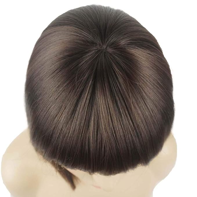 Lydell 8 Straight Short Bob Hair Flat Bangs Cute Central Dot Skin Top Heat Resistant Synthetic Wigs (6 Chestnut Brown)