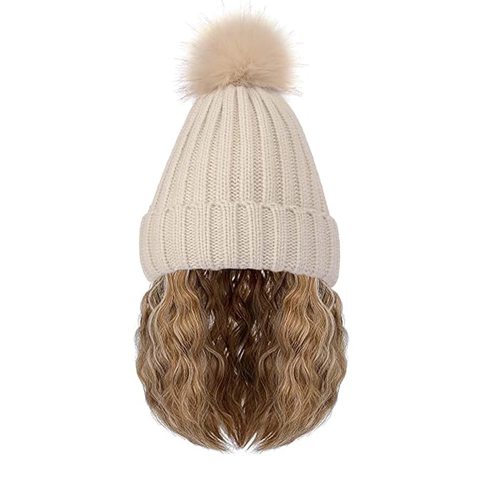Beanie Hat Wig Winter Warm Knitted Black Beanie Hat with bob Curly Wavy Hair Extension Synthetic Hairpiece hat Wig